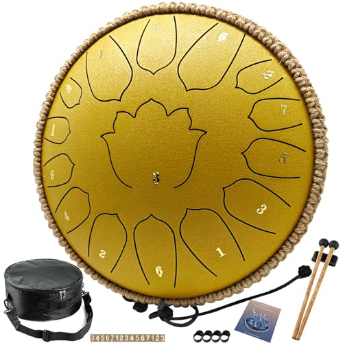 BETESINE 13-Inch 15-Note Steel Tongue Drum in C Major, Beginner-Friendly Meditation Drum with Mallets, Music Book, Finger Picks, Carry Bag & Note Stickers, Rock Gold - color: Rock Gold