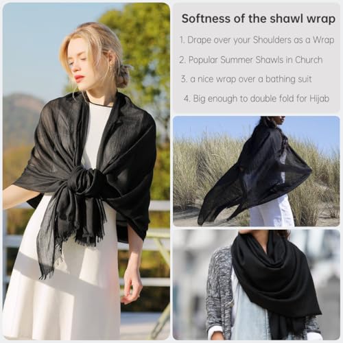 Harewom Lightweight Gauze Linen Feeling Shawl Wraps for Women Beach Summer Scarf for Evening Wedding Dresses - color: Shawl Wraps - Black