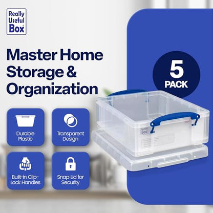 Really Useful Box Stackable 8.1 Liter Plastic Storage Container Bin with Snap Lid & Built-In Clip Lock Handles for Home & Office Organization (5 Pack) - size: 5 Pack
