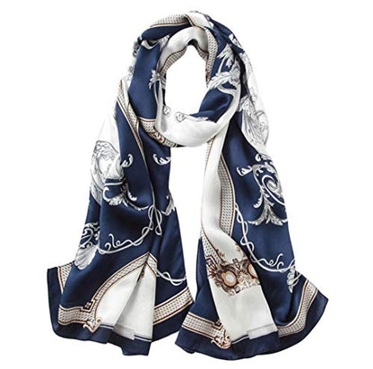 100% Mulberry Silk Long Scarf for Women Large Shawls for Headscarf and Neck- Oblong Hair Wraps with Gift Packed - color: Navy&white -Phoenix Tail Fern