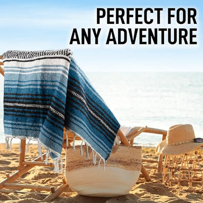Hydration Nation Authentic Extra Large Mexican Blanket (70"x50") - Handwoven Yoga, Serape- Artisanal Falsa, Beach, Camping, Picnic, Outdoor - Sky Blue - color: Sky Blue