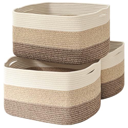 ICERZCZ Large Storage Baskets for Organizing Shelves, Woven Cotton Rope Bins for Baby Nursery Organization, Book Toy Towel Organizer, 17"x13"x9.5", 3 Packs, Gradient Brown - color: Gradient Brown, size: 17"(L)x13"(W)x9.5"(H)