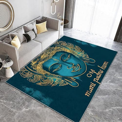Meditation Tibetan Style Gold Blue Washable Rug 4x6 ft, Ultra Soft Large Area Rug Non Slip Rug Foldable, Blue Stain Resistant Rugs for Living Room Bedroom, Modern Low Pile Fuzzy Decor Rug - size: 4x6 ft