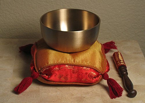 Meditation Accessory Japanese Rin Gong Singing Bowl Set 4.2" dia with Cushion & Brocade Striker - Red Gold - color: 4.2" Red Gold Brocade