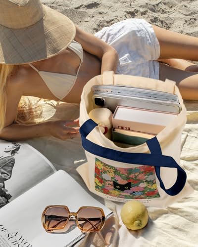 Miss Adola Aesthetic Canvas Tote Bag - Reusable Shoulder Tote Bag for Women Lady Casual Vacation, Shopping, Work, Gym - style: Cat in Flower