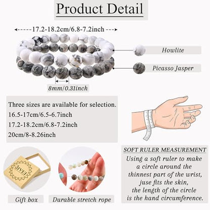 Bivei Natural Gemstone Semi Precious Healing Crystals Handmade Stretchy Round Beads Bracelet,Stocking Stuffers for Women Enhance Positive Energy - color: 8mm Howlite & Picasso Jasper (Good Sleep), size: Small: 6.5-6.7 inch