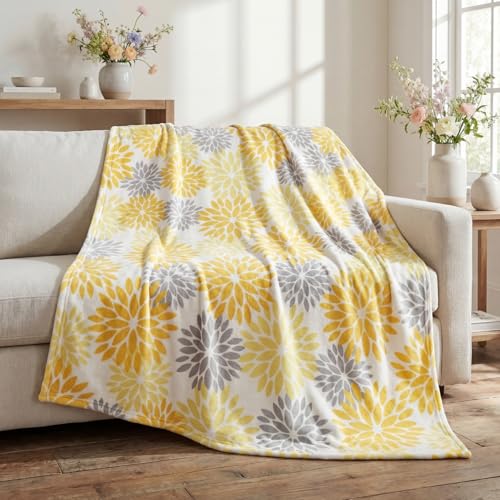 Horaldaily Orange Yellow Grey Dahlia Pinnata Flannel Blanket Throw, Spring Summer Floral Soft Fuzzy Plush Cozy Fleece Blanket for Couch Sofa Bed Lounging, Ideal Gifts for Kids Adults Self, 50x60 - color: Orange Yellow Grey, size: Throw(50x60'')