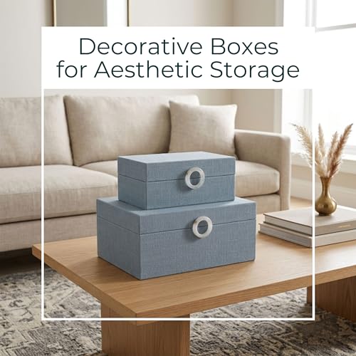 Sagebrook Home Set of 2 Decorative Storage Boxes with Lids - Fabric Covered MDF & Wood, Acrylic Handles - Home & Office Organizer - 9" & 7" Blue