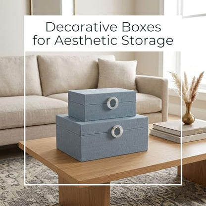 Sagebrook Home Set of 2 Decorative Storage Boxes with Lids - Fabric Covered MDF & Wood, Acrylic Handles - Home & Office Organizer - 9" & 7" Blue