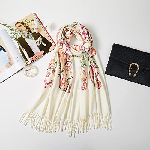 Embroidered Brushed Shawl Paisley Leaves Pattern Scarf Soft Ponchos Wrap Cape With Fringes - color: 030-ivory