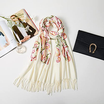 Embroidered Brushed Shawl Paisley Leaves Pattern Scarf Soft Ponchos Wrap Cape With Fringes - color: 030-ivory
