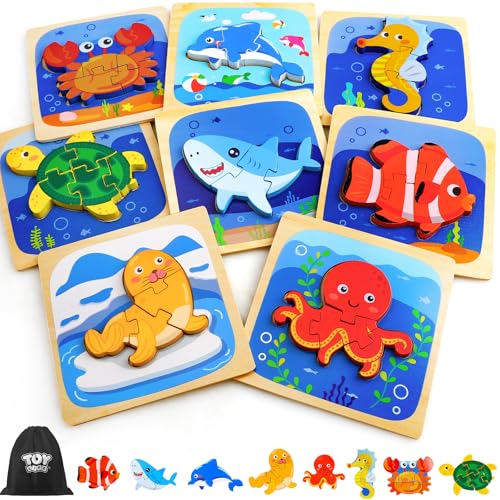 TOY Life Wooden Puzzles for Toddlers 2-4, Sea Animals Puzzles for Toddlers 1-3, Wood Puzzles Educational Montessori Toys Gifts for 1 2 3 Year Old, Baby Kids Learning Toy - style: 8PCS