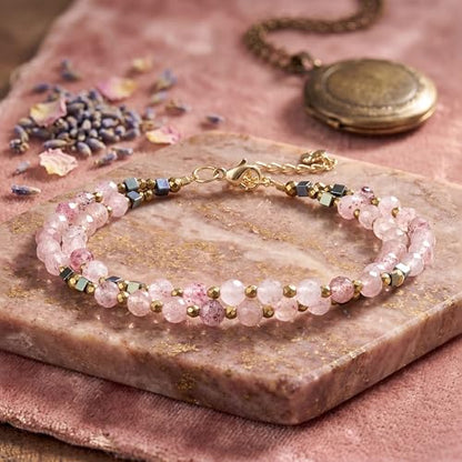 Farfume Beaded Bracelets for Women, Chakra Crystal 4mm Beads Gemstone Natural Stone Bead Spiritual Jewelry Gifts for Women - color: Strawberry Quartz-Love & Warmth