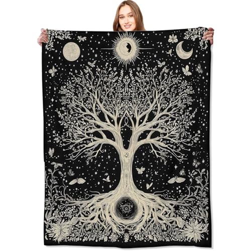 Tree of Life Retro Blanket Mystical Spiritual Seekers Black Throw Blankets,Birthday Gifts for Women Men,Lightweight Soft Fleece Cozy for Sofa Couch Bed Room Boho Decor 50x60in