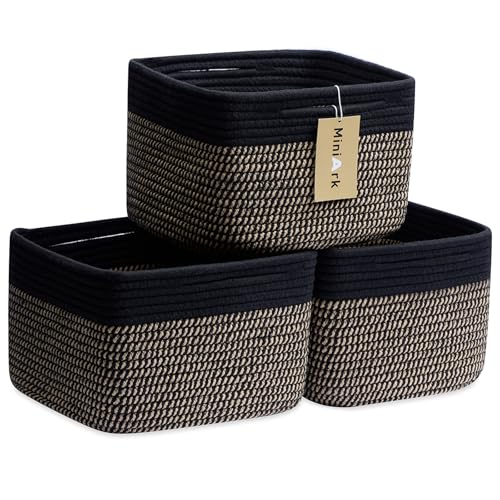 MiniArk Small Organizing Baskets for Cubes Shelf, 9.7x9.7x7.1 Inch Rope Woven Storage Bins for Nursery Shelves Storage, Cute Toy Basket, Square 3 Packs Black Brown - color: Black & Woven Brown, size: Square-9L (▢9.7"×9.7"×H7.1")