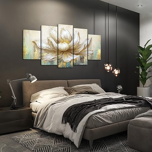 KREATIVE ARTS Large 5 Pieces Lotus Flower Blooming Wall Art Canvas Print Painting Modern Peaceful Still Life Artwork Zen Golden Floral Artwork for Meditation Room Decoration 60x32 Inches