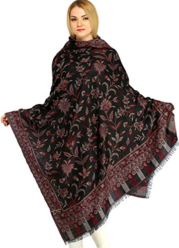 Exotic India Women Reversible Jamawar Wool Shawl with Woven Flowers | Ethnic Beautiful Floral Weave Stole, Dupatta - color: Caviar Black