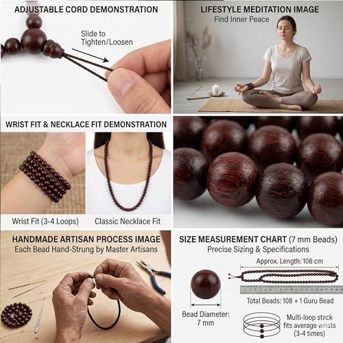 Agan Traders 108 Mala Prayer Beads Necklace for Men & Women – Tibetan Buddhist Prayer Beads Wrist Mala - Handmade Yak Bone Japa Mala Beads for Meditation, Yoga & Healing - color: Rosewood-8mm