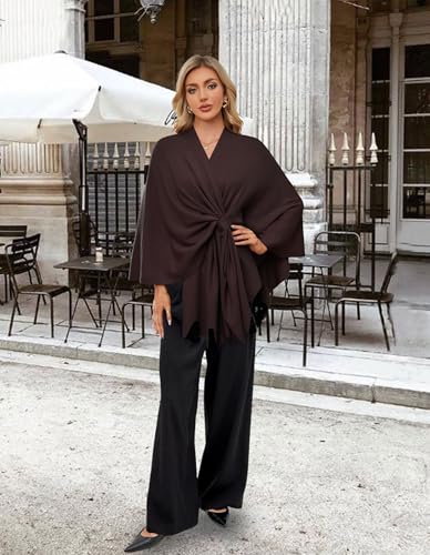 PULI Women's Elegant Shawl Wraps Soft Open Front Poncho Sweater for Spring Fall Winter - color: Front Tab-chocolate Brown