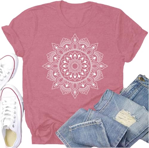 Womens Mandala T-Shirt Boho Meditation Yoga Shirt Casual Vintage Lotus Pilates Tee Tops - color: Pink, size: Medium