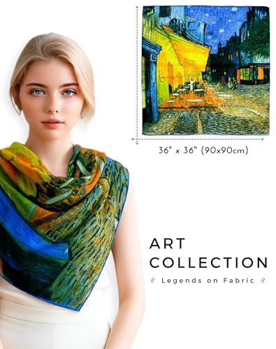 PoeticEHome Cashmere Scarf Wrap 36"x36" - Featherlight & Wrinkle-Free Artistic Square Shawl for Travel & Office, Gift Ready - color: Terrace of a Café at Night - 36"