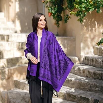 Ciormis Two Tone Silky Paisley Pashmina Shawl Scarf,Soft Women's Rave Jacquard Pashminas Wrap Scarves - color: O#.dark Purple Paisley