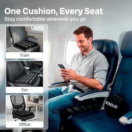 Sondur™ Travel Cushion – CloudAir Technology Airplane Seat Cushion – Inflatable Travel Cushion for Long Flights – Portable Air Cell Design, Puncture-Resistant Waterproof Pad – Black