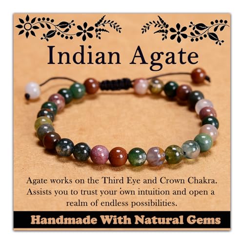 468Handmade Adjustable Natural Gemstone Crystal Bracelet Healing Power Energy Inspirational Gifts with Card for Unisex - color: 05-Indian Agate(Intuition), size: 6mm