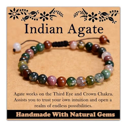 468Handmade Adjustable Natural Gemstone Crystal Bracelet Healing Power Energy Inspirational Gifts with Card for Unisex - color: 05-Indian Agate(Intuition), size: 6mm