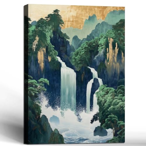 Framed Waterfall Canvas Wall Art Painting Natural Scenery Poster Print Japanese Gallery Style Picture Zen Forest Hanging Painting for Living Room Bedroom Decoration 12x16 Inch Ready to Hang - color: waterfall-A, size: 12x16in
