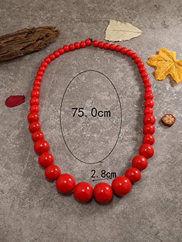COLORFUL BLING Ethnic Natural Wood Beads Necklace for Men Women Africa Wooden Chain Chunky Strand Necklace Statement Hip Hop Jewelry - color: red 75cm