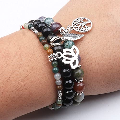 Tree of Life Yoga Healing Stone Bracelets,Multilayer Lotus Chakra Stone Reiki Bracelet Sets,Anxiety Crystal Natural Stone,for Women Stress Relief - style: Indian agate+golden obsidian