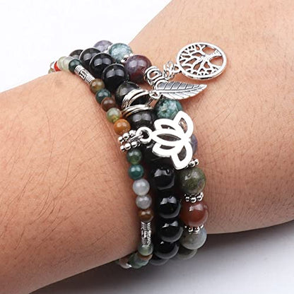 Tree of Life Yoga Healing Stone Bracelets,Multilayer Lotus Chakra Stone Reiki Bracelet Sets,Anxiety Crystal Natural Stone,for Women Stress Relief - style: Indian agate+golden obsidian