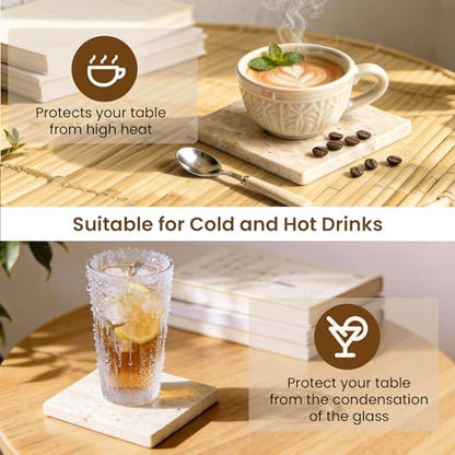 Natural Marble Coasters, Square Costers, Luxury Aesthetic Modern Decor for Coffee Table Bar Kitchen Home, Travertine Marble, Real Natural Semi Absorbent Stone Coasters