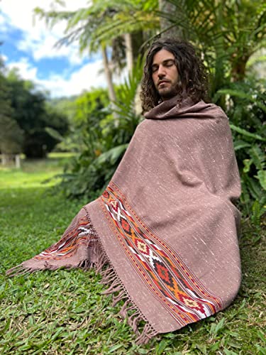 Handmade KARUNA Shawl Sienna Brown Handwoven Wool Meditation Prayer Scarf Blanket Premium Pure Cashmere Winter Tribal Zen Embroidery Boho AJJAYA