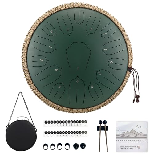 TUOKING Steel Tongue Drum 13 inch 15 Notes Rain Drum for Outside D Key with Lotus Design - Handpan Percussion Instrument for Meditation,Yoga,and Music Therapy,Gift for Beginners & Adults(Green) - color: A-Green, size: 13 Inch 15 Notes