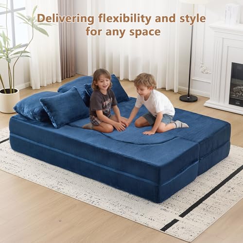 2-in-1 Folding Sofa Bed with Pillow, No Assembly Futon Twin Size Sofa Bed, Breathable Velvet Convertible Couch Bed for Living Room and Guest Room, 78.7 Inch, Blue - color: Blue-78.7", size: 2 seat