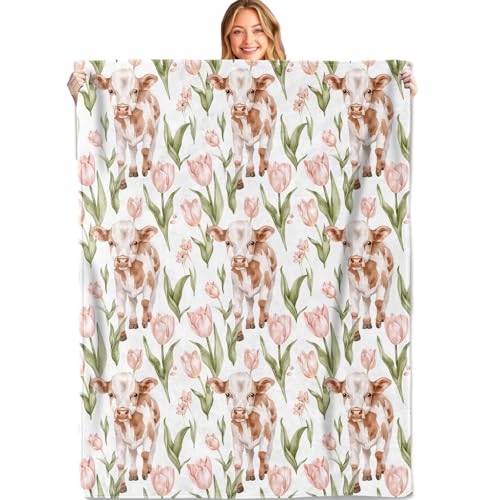 Cow and Pink Tulip Throw Blanket, 40x50in, Soft, Lightweight Flannel,Cute Farm Animal Floral Print on White Blankets, Gifts for Women, for Spring Home Living Room Decor - color: Cow, size: 40x50in