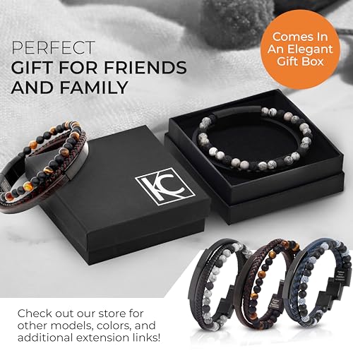 Premium Men’s Bracelet | Leather Bracelet for Men | Beaded Bracelets Black Onyx & Tiger-Eye Beads | Brown Leather Jewelry with Adjustable Stainless-Steel Clasp | Gift Dad Husband Son Boyfriend - color: Black/Grey