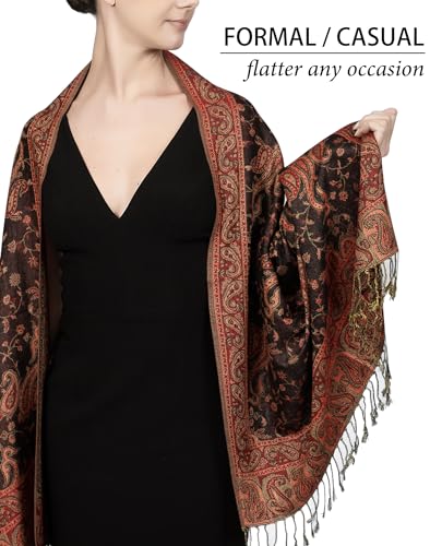 Achillea Reversible Paisley Pashmina Rave Scarf – Exotic Indian Shawls and Wraps for Evening Dresses, Festivals, All Seasons - color: Black Red