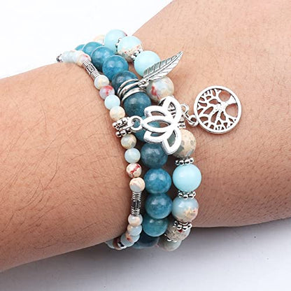 Tree of Life Yoga Healing Stone Bracelets,Multilayer Lotus Chakra Stone Reiki Bracelet Sets,Anxiety Crystal Natural Stone,for Women Stress Relief - style: Shoushan Stone+apatite