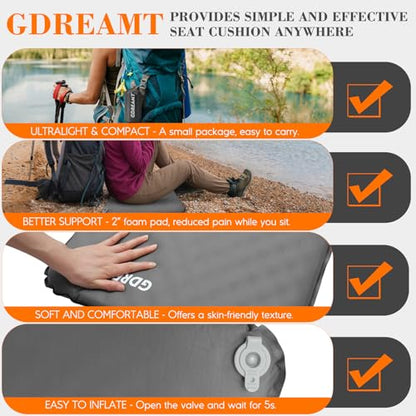 Inflatable Stadium Seat Cushion, Self-Inflating Memory Foam Airplane Seats Cushion for Long Flight Lightweight & Compact Chair Sitting Pad for Travel Camping Bleachers Office Sports Events