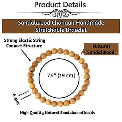 Sandalwood Bracelet for Women Men Buddhist Prayer Strand Chandan Bracelet Handmade Stretchable Elastic Sandalwood Beaded Wristbands for Yoga Meditation - style: 6mm Beads