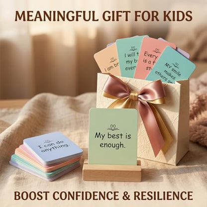Affirmation Cards for Kids - 30 Daily Positive Affirmations Cards with Wooden Stand - Mindfulness Cards for Anxiety Relief, Self Care & Confidence Building - Encouragement & Motivational Gifts for Boys & Girls