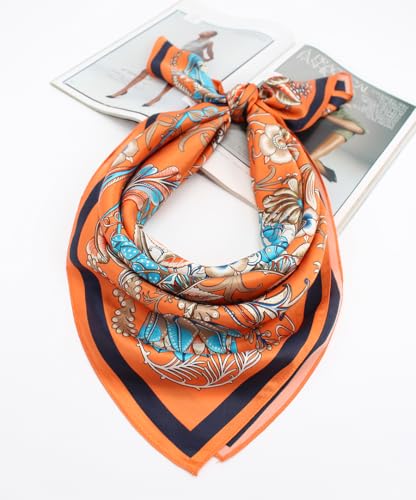 100% Pure Mulberry Silk Scarf 35" Large Square Lightweight Headscarf –Women’s Hair Wraps-With Gift Packed - color: Floral-orange