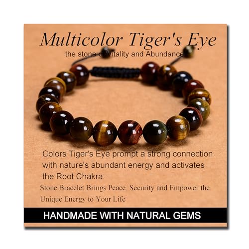 MASSIVE BEADS Handmade Yoga Natural Stone Crystal Healing Power Energy Gifts for Unisex Adult Bracelet Macrame Adjustable - color: 3-Tiger's Eye (Vitality and Abundance), size: 10mm