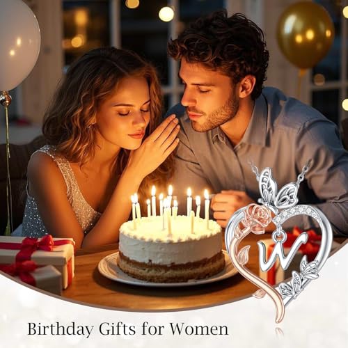 TOUPOP Gifts for Women Her 925 Sterling Silver Rose Heart Initial Necklace Butterfly Heart Jewelry Anniversary Birthday Gifts for Wife Girlfriend Mom - color: W Initial