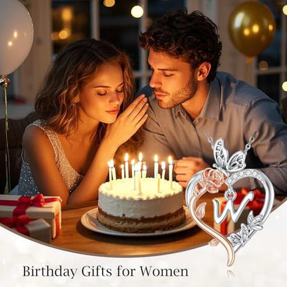 TOUPOP Gifts for Women Her 925 Sterling Silver Rose Heart Initial Necklace Butterfly Heart Jewelry Anniversary Birthday Gifts for Wife Girlfriend Mom - color: W Initial