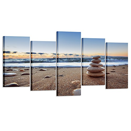 KREATIVE ARTS - 5 Pieces Canvas Prints Wall Art Zen Stones Balance Pebbles Stack on Beach Modern Wall Decor Stretched Gallery Canvas Wrap Giclee Print Ready to Hang (Large Size 60x32inch)