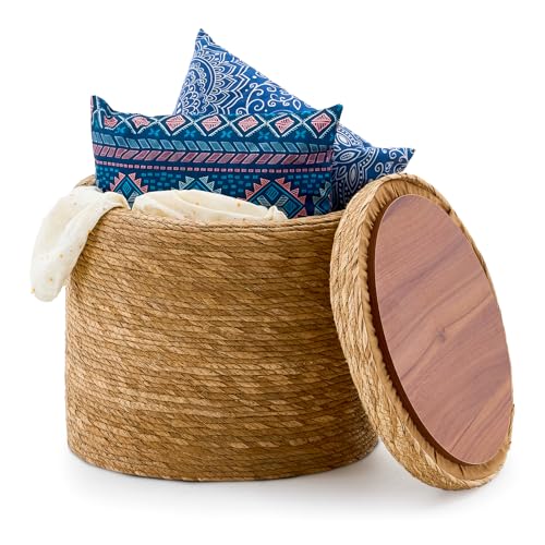 Round Pouf Ottomans, Handwoven Natural Water Hyacinth Seagrass Pouffe,Outdoor Rattan Stool Accent Seat, Bohemian Coastal Home Decor (Storage - 18inch Natural Cattail) - color: Storage - 18inch Natural Cattail